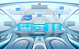Autonomous Smart car interior. car self driving in the city on the highway. Display shows information about the vehicle