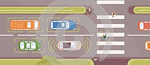 Autonomous smart car scans road top view vector flat illustration. Automatically operates automobiles stop in front of photo
