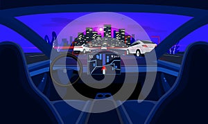 Autonomous Smart Driverless Car Interior Self Driving in Night City Highway Traffic and Skyline