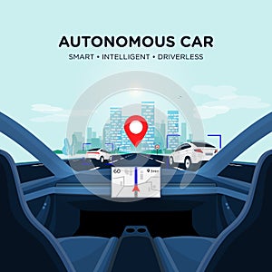 Autonomous Smart Driverless Car Self Driving. Car Interior view on Road with Traffic