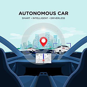 Autonomous Smart Driverless Car Self Driving. Car Interior view on Road with Traffic photo