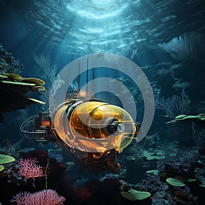 Autonomous sub exploring deep sea on an exoplanet, alien corals glowing