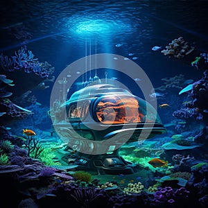 Autonomous sub exploring deep sea on an exoplanet, alien corals glowing