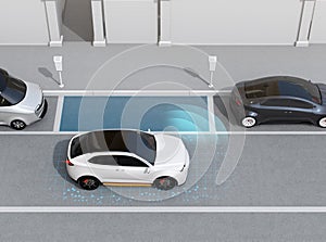 Autonomous SUV is parallel parking into parking lot at roadside photo