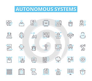 Autonomous systems linear icons set. Robotics, Automation, Self-driving, AI, Intelligence, Machine, Computer line vector
