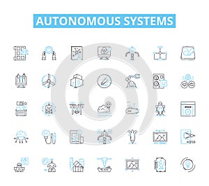 Autonomous systems linear icons set. Robotics, Automation, Self-driving, AI, Intelligence, Machine, Computer line vector