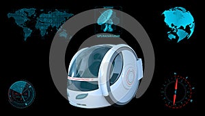 Autonomous transportation pod, electric self-driving vehicle with infographic data, futuristic car, 3D render