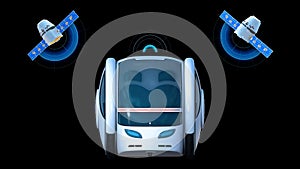 Autonomous transportation pod, electric self-driving vehicle with two satellites on black background, futuristic car, front view photo