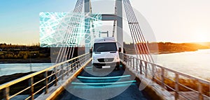 Autonomous transporter Car driving on a bridge highway with technology assistant tracking information, showing details