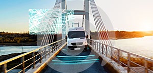 Autonomous transporter Car driving on a bridge highway with technology assistant tracking information, showing details photo