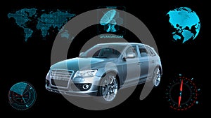 Autonomous vehicle, driverless SUV car on black background with infographic data, 3D render