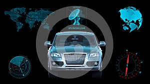 Autonomous vehicle, driverless SUV car on black background with infographic data, front view, 3D render