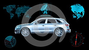 Autonomous vehicle, driverless SUV car on black background with infographic data, side view, 3D render