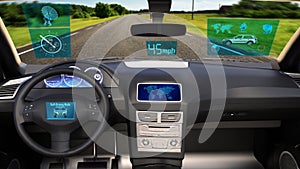 Autonomous vehicle, driverless SUV car with infographic data driving on the road, inside view, 3D render photo
