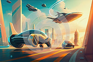 autonomous vehicle drivethrough a futuristic cityscape, with flying cars and hoverboards visible in the background