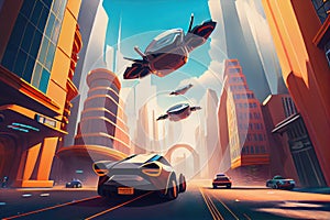 autonomous vehicle drivethrough a futuristic cityscape, with flying cars and hoverboards visible in the background