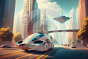 autonomous vehicle drivethrough a futuristic cityscape, with flying cars and hoverboards visible in the background