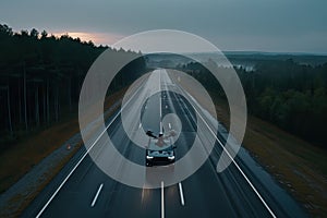 autonomous vehicle driving down dark and deserted highway, with drone flying overhead