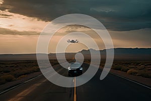 autonomous vehicle driving down dark and deserted highway, with drone flying overhead