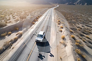 autonomous vehicle driving on remote highway, with drone capturing overhead view