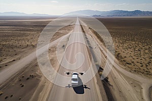 autonomous vehicle driving on remote highway, with drone capturing overhead view