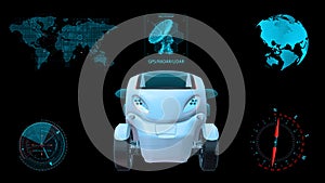 Autonomous vehicle, electric driverless car on black background with infographic data, front view, 3D render