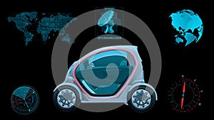 Autonomous vehicle, electric driverless car on black background with infographic data, side view, 3D render