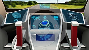 Autonomous vehicle, electric driverless car with infographic data driving on the road, inside view, 3D render