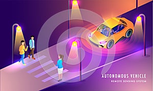Autonomous Vehicle, Remote Sensing System based web template design with illustration of Smart Car on urban landscape background.