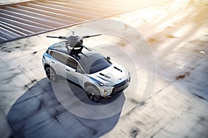 autonomous vehicle showing its capabilities to potential client with drone flyover