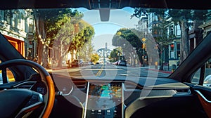 Autonomous vehicles. As seen from the back seat of an driverless car. The car’s interior is state-of-the-art