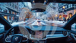 Autonomous vehicles. As seen from the back seat of an driverless car. The car’s interior is state-of-the-art