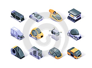 Autonomous vehicles isometric icons set.
