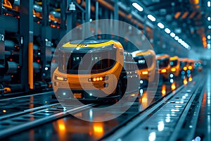 Autonomous vehicles transporting goods within a smart factory environment, guided by AI algorithms to navigate safely