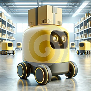 Autonomous yellow robots with packages in futuristic warehouse setting. Smart logistics and AI concept