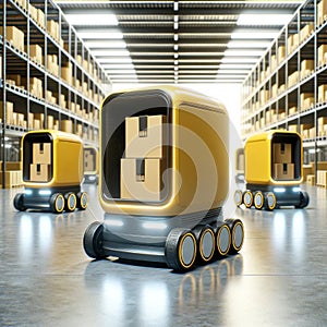 Autonomous yellow robots with packages in futuristic warehouse setting. Smart logistics AI concept