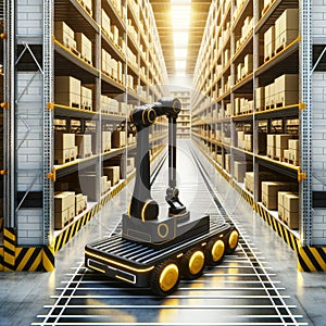 Autonomous yellow robots with packages in futuristic warehouse setting. Smart logistics AI concept