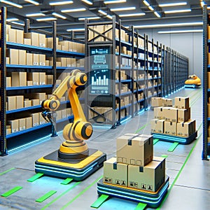 Autonomous yellow robots with packages in futuristic warehouse setting. Smart logistics and AI concept