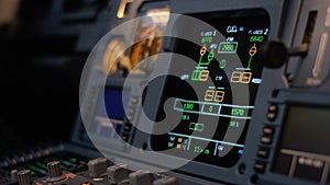 Autopilot control element of an airliner. Panel of switches on an aircraft flight deck. Thrust levers of a twin engined