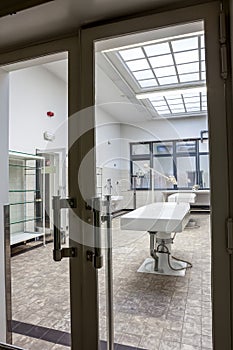 Autopsy tables in morgue