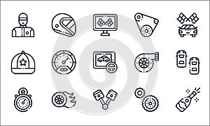 autoracing line icons. linear set. quality vector line set such as champagne, piston, stopwatch, gear, tire, cap, turbo, conveyor