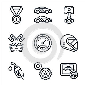 autoracing line icons. linear set. quality vector line set such as game, gear, gasoline, helmet, speedometer, racing, piston, race