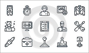 autoracing line icons. linear set. quality vector line set such as piston, gear stick, spark plug, podium, first aid kit,