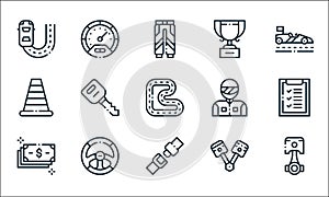 autoracing line icons. linear set. quality vector line set such as piston, seat belt, money, piston, steering wheel, traffic cone