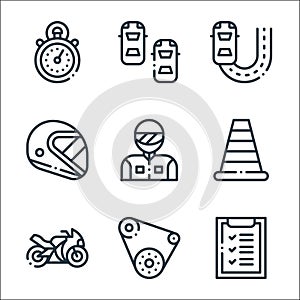 autoracing line icons. linear set. quality vector line set such as evaluate, conveyor belt, motorbike, traffic cone, racer, helmet