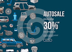 Autosale special offer banner. Car service discount vector illustration. Car detail, repair, gear brake, seat