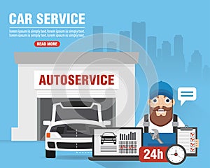 Autoservice, computer diagnostics car, concept flat design