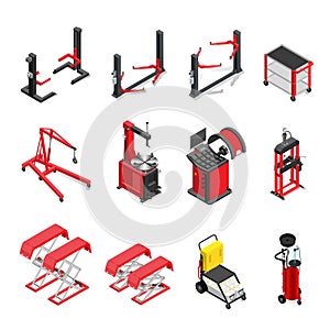 Autoservice equipment set, lifts and mechanisms for work in a body shop