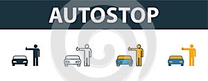 Autostop icon set. Four simple symbols in diferent styles from travel icons collection. Creative autostop icons filled, outline,