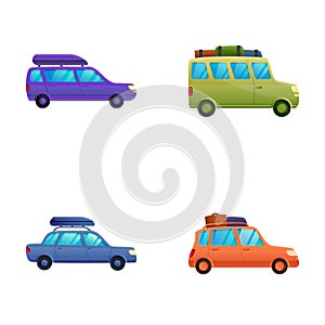 Autotravel icons set cartoon vector. Car with luggage on roof photo